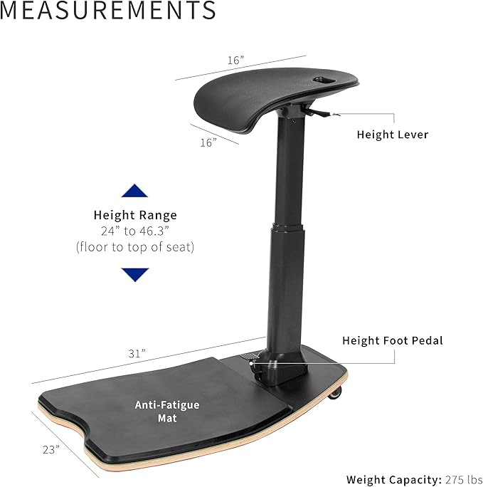 VIVO Ergonomic Leaning Perch Chair with Anti-Fatigue Mat, Standing Desk Stool, Height Adjustable Home Office Posture Seat, Black, CHAIR-S02M