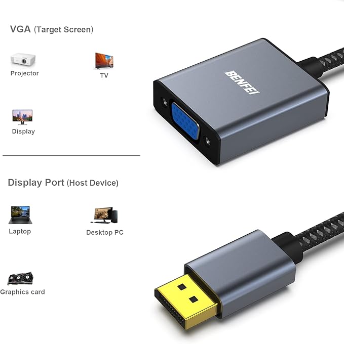 BENFEI DisplayPort to VGA Adapter, DisplayPort Input to VGA Output Adapter Compatible for Lenovo Dell HP and Other Brand[Gold-Plated Connectors, Aluminium Shell&Nylon Cable]