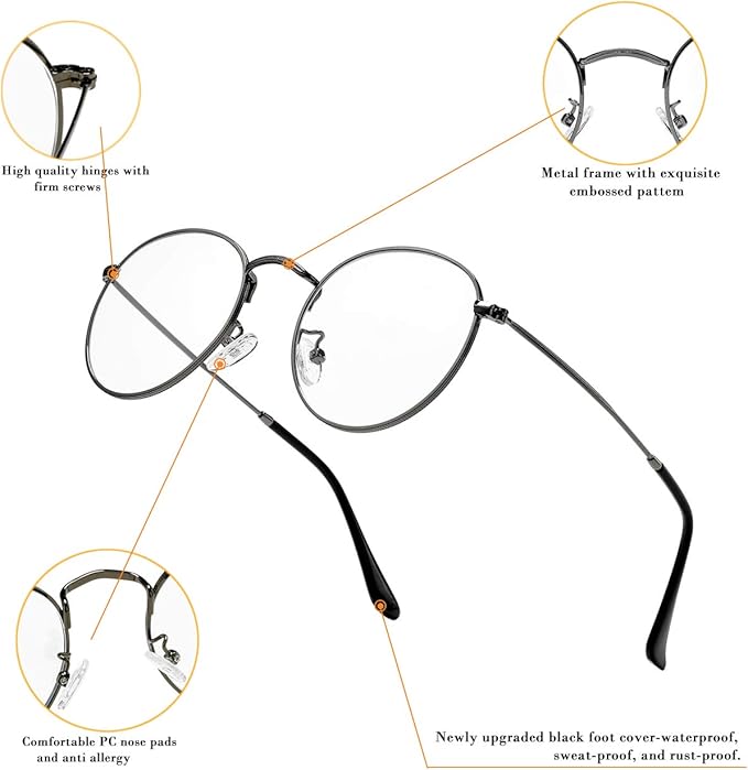 HJSTES Round Blue Light Glasses for Women Men Retro Circle Clear Lens Metal Frame Eyeglasses