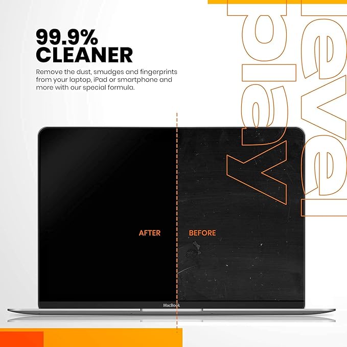 Levelplay Screen Cleaner Kit – Fingerprint-Resistant Touchscreen, Monitor & Lens Cleaner, Alcohol- and Ammonia-Free, Washable Microfiber Wipe (Large), 240 mL (8.1 fl oz) Spray Bottle