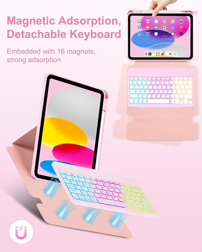 Case with Keyboard Mouse for iPad A16 11th 10th Generation 11/10.9 inch,Rainbow Backlit Detachable Keypad Rotatable Magnetic Cover with Pencil Holder for iPad 11 2025 10 Gen 2022 Pink