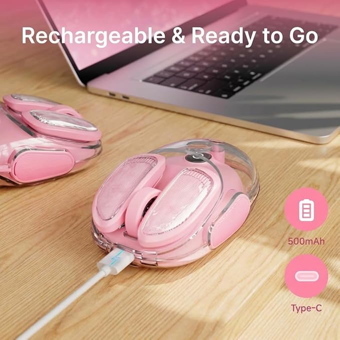 EWEADN Q9 Wireless Clear Mouse Dual Mode Bluetooth & 2.4G USB Computer Mouse with RGB Lighting, Silent Clicks, Multi-Device Compatibility for Laptop, PC, MacBook, iPad Cute Mouse-Pink
