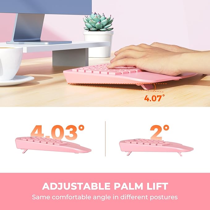 MEETION Ergonomic Keyboard Wireless, Multi-Device Bluetooth Keyboard, Full-Sized Rechargeable Split Computer Keyboards, Wrist Rest for Natural Typing, for Windows/Mac/Laptop/Table/PC, Pink
