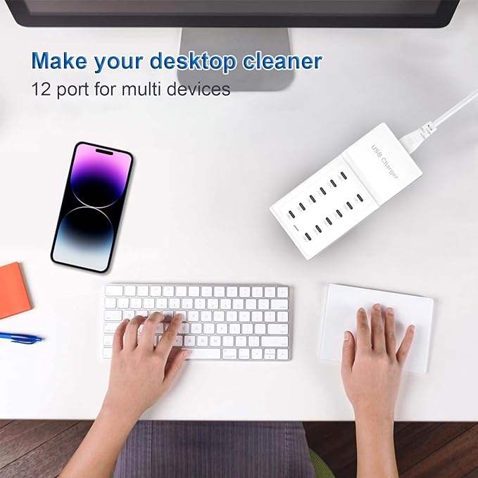 USB Charging Station, 50W Charging Block with 12 Type-C Multiple Ports Power USB Strip Multiport Charging Block Compatible with iPhone 13/14/15/16/Smartphone/Tablets/Watch/Headphones