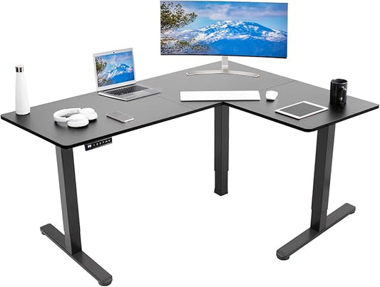 VIVO Corner Standing Desk, 63 x 47 inch Reversible L-Shaped Workstation, Electric Height Adjustment, Home, Office, and Reception Rooms, Black Table Top Black Frame, DESK-E3CTB-47