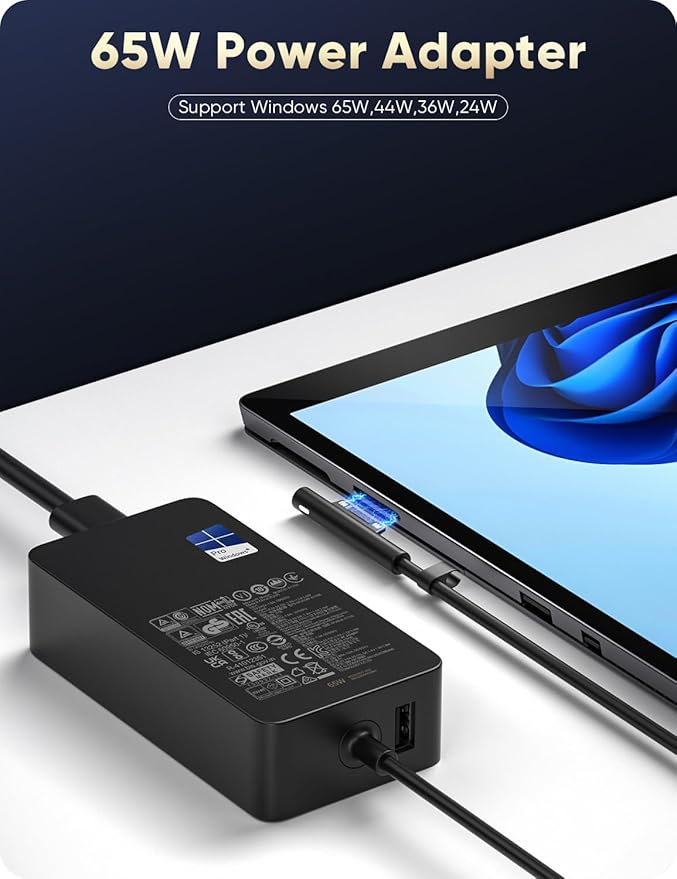 Microsoft Surface Pro Charger for 65W Windows Surface Charger 11,10,9,8.7+,7.6.5.4.3.X.Surface Laptop 6,5,4,3,2,1, Surface Go 3,2,1, Tablet, Surface Book 3,2,1, Support 44W, 36W,LED. 10FT