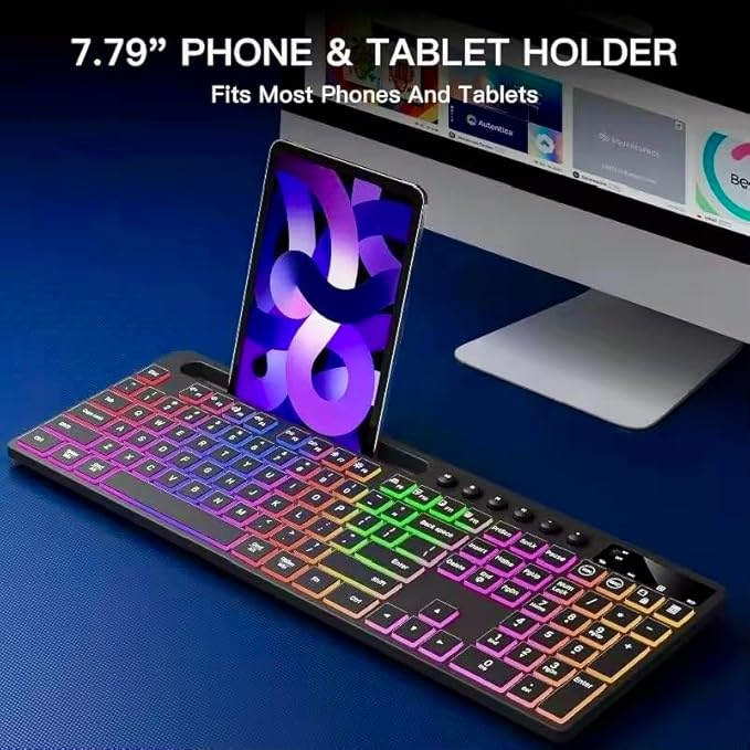 Wireless Keyboard and Mouse Combo, 2.4Ghz Rechargeable, 114-Key Full Size Keyboard with RGB Backlight, Phone Tablet Holder, Silent Ergonomic Keyboard & Mouse for Home, Office, Gaming