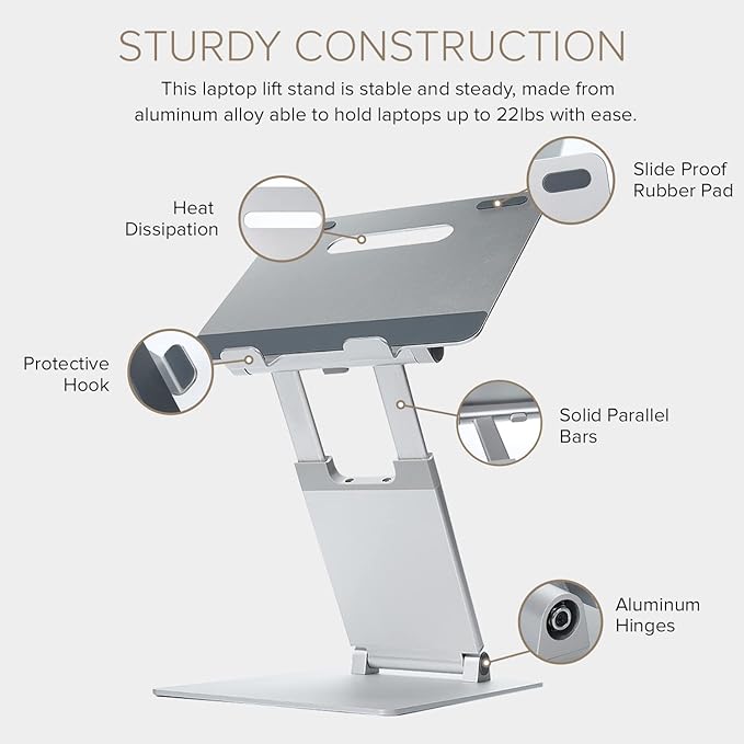 POUT E3 Lift — Ergonomic Laptop Stand for Desk, Adjustable Height 2" to 20" — Laptop Riser Portable Laptop Stand for Laptop — Standing Desk Converter for MacBook 10"-17" Laptops (Blue)