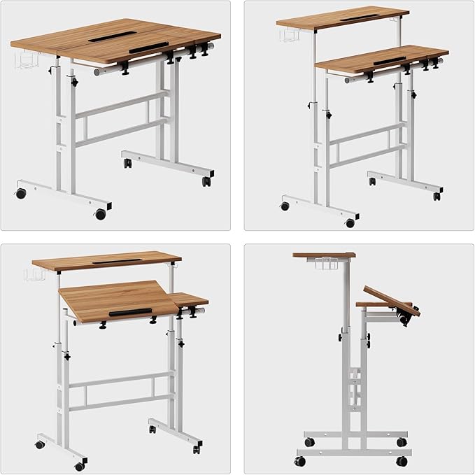 SogesPower 2 Platforms Mobile Laptop Desk Adjustable Side Table Computer Stand for Bed Sofa,Mobile Standing Desk with Cup Holder and Hooks,Oak