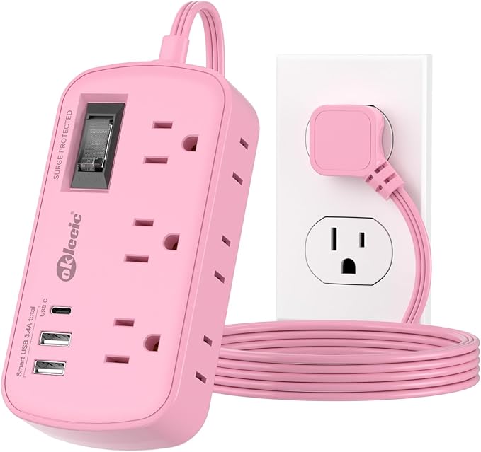 Pink Extension Cord - 5Ft Travel Power Strip with 3 USB(1 USB C) 17W Charging Station and 6 Outlets, Pink Desk Accessories with Surge Protector for Cute Kawaii Gifts College Dorm Desk