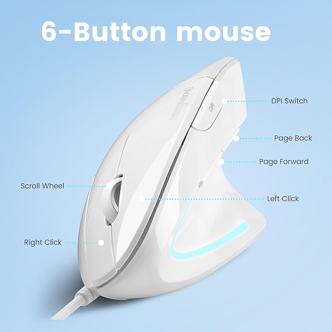 Perixx PERIMICE-513W Wired Ergonomic USB Mouse - 6 Buttons with 1000/1600 DPI - Vertical Right-Handed Design - White