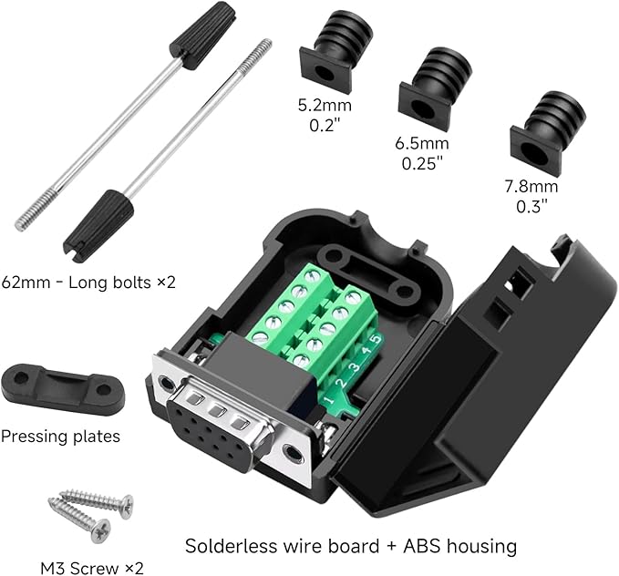 DB9 Breakout Connector, Female 9 pin RS232 connectors, Solderless D-SUB RS485 Serial Adapter Module Board with Screw Terminals, Case, Long Bolts 10 PCS