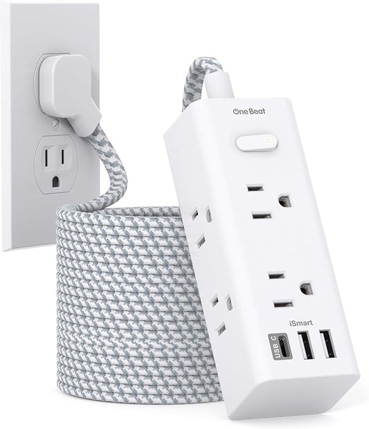 25 Ft Extension Cord with Multiple Outlets - One Beat Flat Plug Power Strip Surge Protector with 25 Ft Long Cord, 6 Outlet 3 USB Ports (1 USBC), Multi Outlet Wall Plug Home Office Dorm Room Essentials