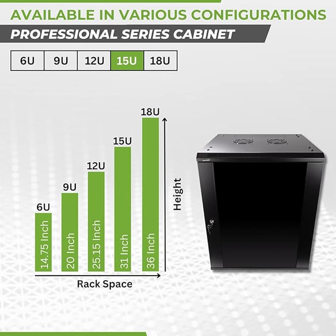 Navepoint 15U Deluxe IT Wallmount Cabinet Enclosure 19-Inch Server Network Rack with Locking Glass Door 16-Inches Deep Black