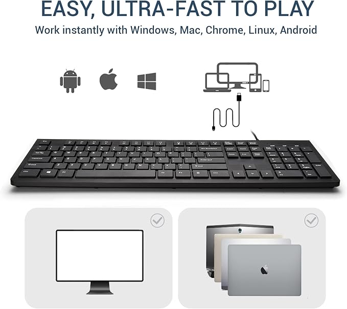 Wired Keyboard, Ultra-Thin USB Wired Computer Keyboard, Low-Profile Keys, Spill-Resistant, Multimedia Keys, Compatible with Windows, Mac, Chrome, Linux, and Android-Black