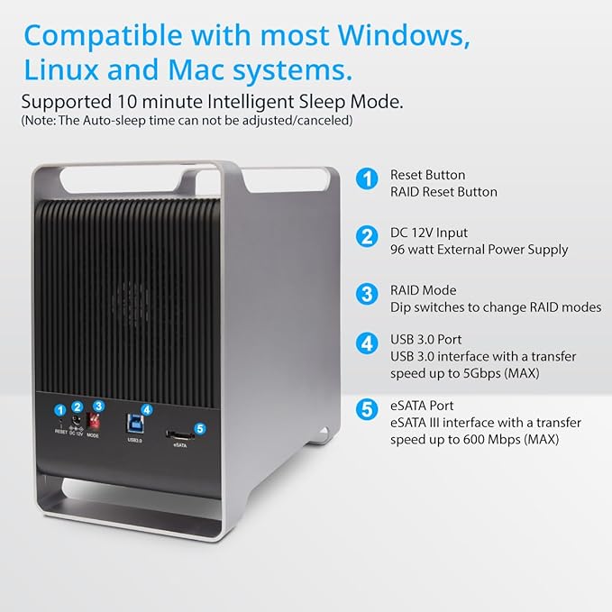 Syba 5 Bay 2.5" and 3.5" SATA HDD External USB 3.0 / eSATA RAID Hard Drive Enclosure Support 120TB & RAID 0/1/5/10/JBOD Mode SY-ENC50122