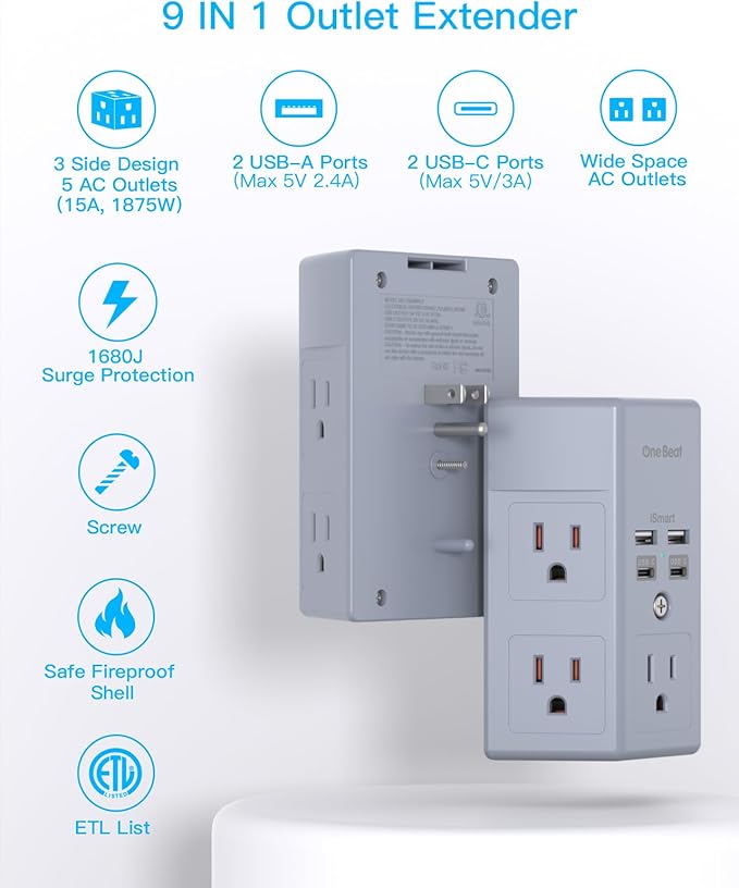Surge Protector, 5 Outlets Extender with 4 USB Ports(USB C), 3-Side 1680J Power Strip Multi Plug Outlet Expander, USB Wall Charger, Outlet Splitter Adapter Wall Mount for Home Office ETL Listed（Grey）