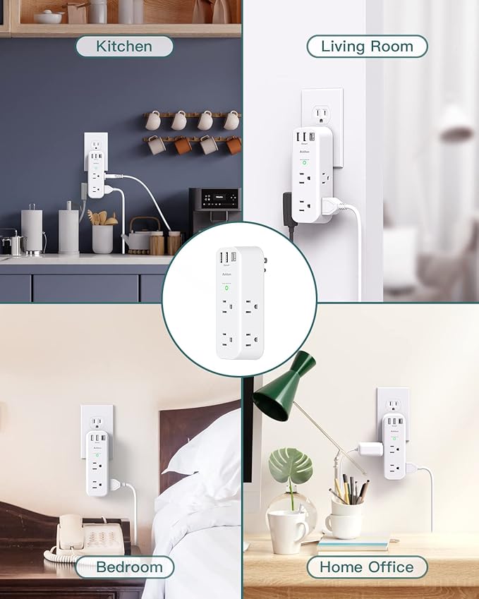 Surge Protector - Outlet Extender with Rotating and Multi Plug with 6 AC 3 USB Ports (1 USB C), 3-Sided Power Strip with Wall Adapter Charger for Home Travel Office, ETL Listed (1800J)