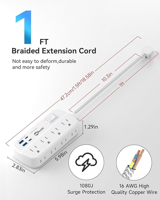 Short Extension Cord 1 ft - Flat Plug Power Strip Surge Protetor with 8 Outlets 4 USB (5V/3.4A 17W) Charging Ports, Multi Plug Wall Outlet Splitter for Home Bedroom Hotel Office Desktop Accessories