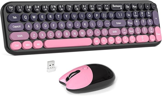 Wireless Keyboard and Mouse Combo, MOWUX Compact Typewriter Retro Round Computer Keyboard, Cute Optical Mouse Wireless, Plug and Play, for Laptop, PC, Computer- Plum Pink Gradient