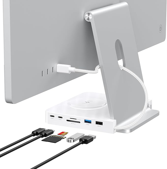 USB C Hub for iMac 24-inch 2021/2023/2024, 10Gbps USB-C*2 & USB-A, SD/TF Reader, 15W Wireless Charge, Accessory Adaptor for iMac M1 M3 M4