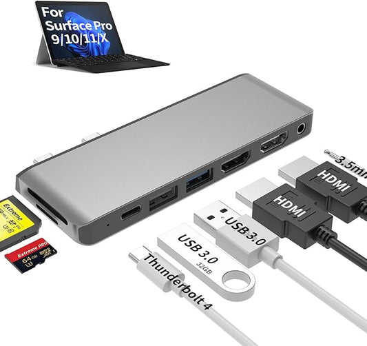 Surface Pro 9/10/11/X Accessories Docking Station with Dual 4K@60Hz HDMI, USB-C Thunderbolt 4 (Display+Data+100W Charging), 2 USB 3.0, SD/TF, 3.5mm Mic, Quad Display Adapter for Surface Pro 11/10/9/X