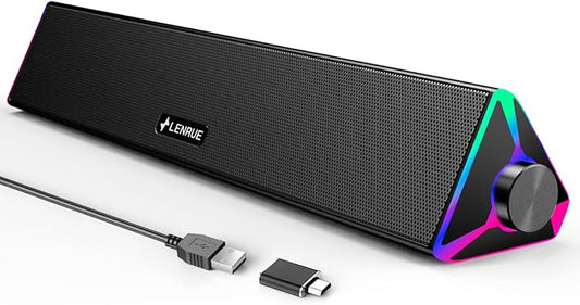 LENRUE Computer Speakers for Desktop,PC Speakers with Single USB for Power and Stereo Sound,Touch Lights Gaming Speakers Sound bar for Desktop PC Laptop(USB-C Adapter Included)