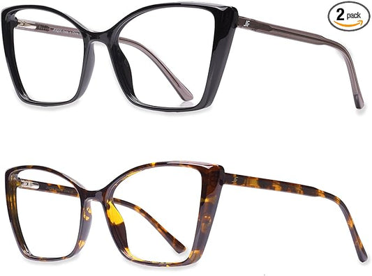 2 Pack Blue Light Blocking Glasses for Women, Oversized Trendy Cat Eye Computer Gaming Glasses Anti Glare & UV Glare RF6204 (Black + Coco Tortoise Cateye Frame)