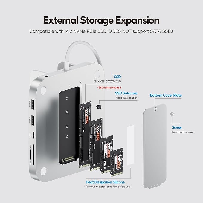 Mac mini M4 Dock with 4TB M.2 SSD Enclosure, 8-in-1 Aluminum Vertical USB-C Hub for Mac mini M4 Pro Hub Stand with USB-A/C 3.2 10Gbps, 2xUSB-A 2.0, 3.5mm Audio, SD/TF (SSD NOT Included)