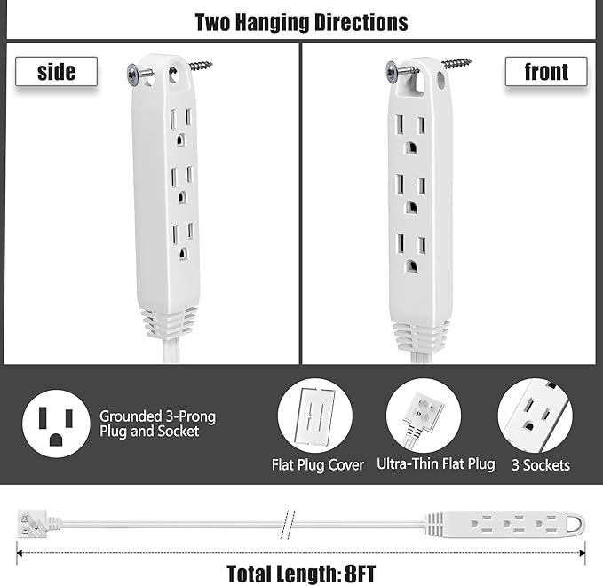 8FT Ultra Flat Plug Extension Cord Power Strip with 3 Outlets, Patented Detachable Ultra-Thin Outlet Cover Concealer & Ultra-Flat Plug, Max. 13A 125V 1625W ETL Listed, White Color
