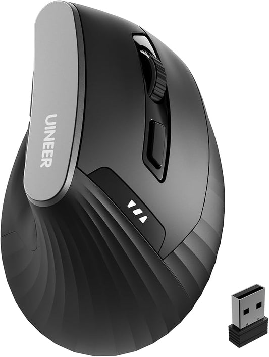 Uineer Wireless Ergonomic Mouse, Rechargeable Vertical Mouse 2.4G with USB-A Receiver, 2400 DPI Optical Tracking Mice, Quiet Clicks, 6 Buttons, Ergo Cordless Computer Mouse for Windows/Mac/Laptop