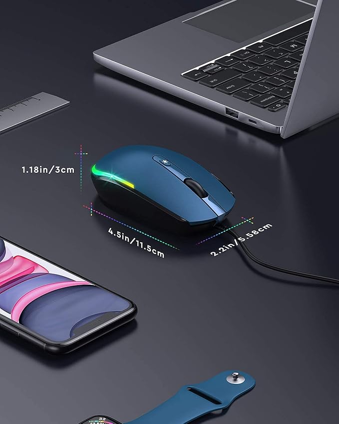 seenda Wired Mouse - USB Computer Mice Wired with RGB Backlit Optical LED Mouse with Attached USB Cord for Laptops Notebooks Chromebook - Blue & Black