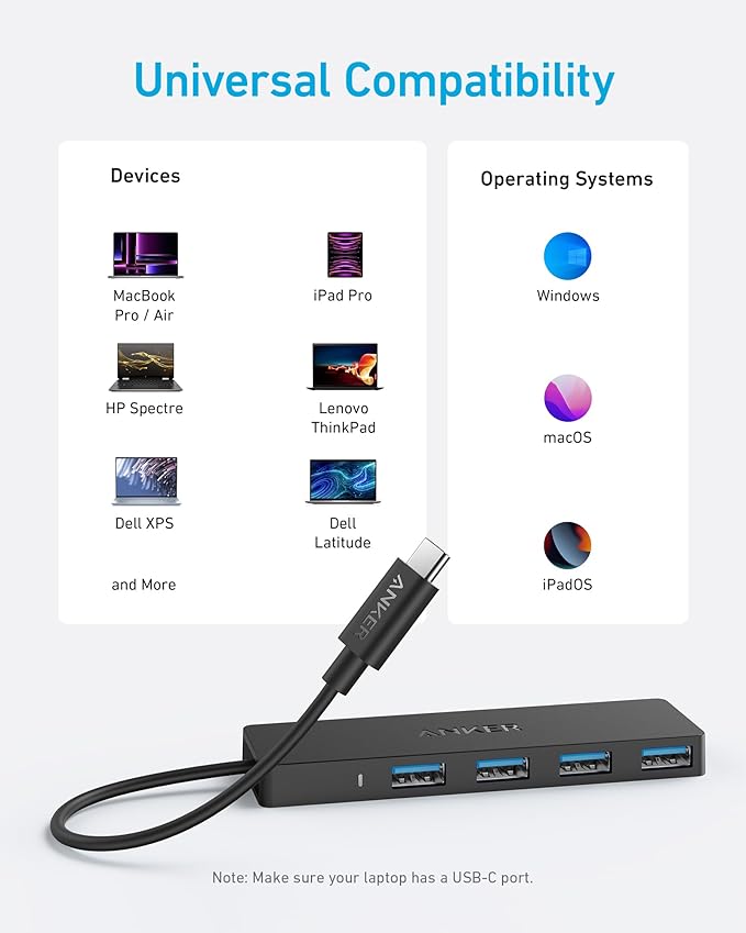 Anker USB C Hub 4 Ports, Multiple USB 3.0 Hub with 5Gbps Data Transfer, Extender for Type C Port Laptop, PC, Desktop and More (2 ft USB-C Connector, Charging Not Supported)