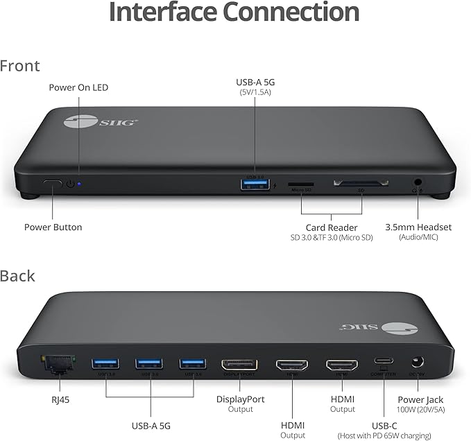 SIIG USB-C MST Triple Monitor Docking Station for Windows Thunderbolt 3 Compatible Single 4K Dual 2K Triple 1080p 65W PD, HDMI/DisplayPort, Gigabit Ethernet, SD/TF, USB 3.0 and Audio (JU-DK0R11-S1)