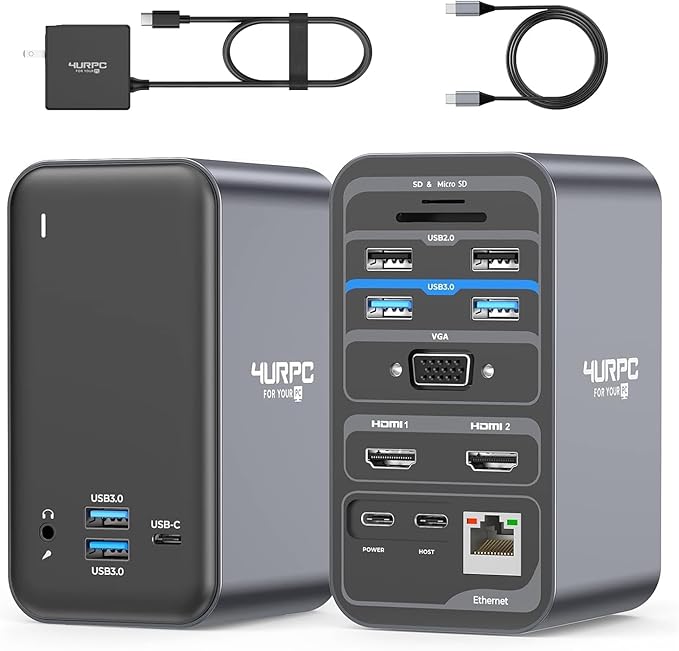 4URPC USB C Docking Station Dual Monitor, Dual HDMI USB C Dock, Laptop Docking Station with 2 HDMI Ports, VGA, 7 USB, 65W Power Adapter, Ethernet, SD/TF, Audio/Mic for Windows, and ChromeOS