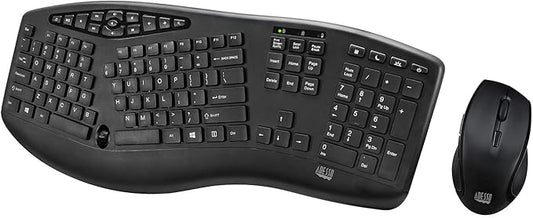 Adesso WKB-1600CB TruForm Media Wireless Ergonomic Keyboard & Optical Mouse Combo with 24 GHz RF Technology, Split Design, Adjustable DPI, and Multimedia Hotkeys