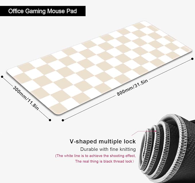 Beige Sand Checkered Desk Pad, Cute Aesthetic Retro Extra Large Mouse Pad for Kids Girls, Computer Mousepad Laptop Desk Mat, Writing Mat for Work Home, 31.5 X 11.8 in