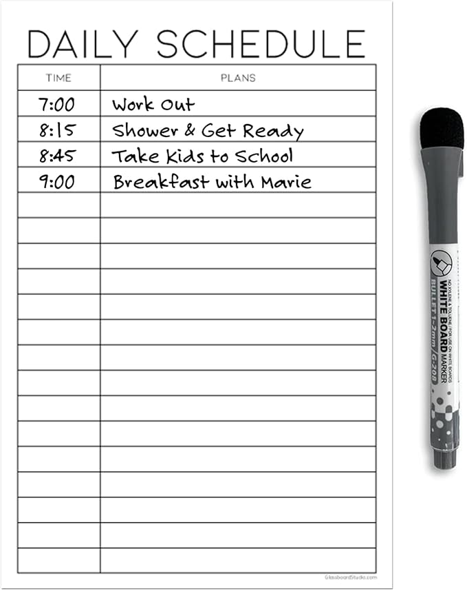 Dry Erase Daily Schedule Planner Sticker Decal by Glassboard Studio | Removable & Reusable | Magnetic Fine-Tip Marker Included (6 x 9 inches, White)