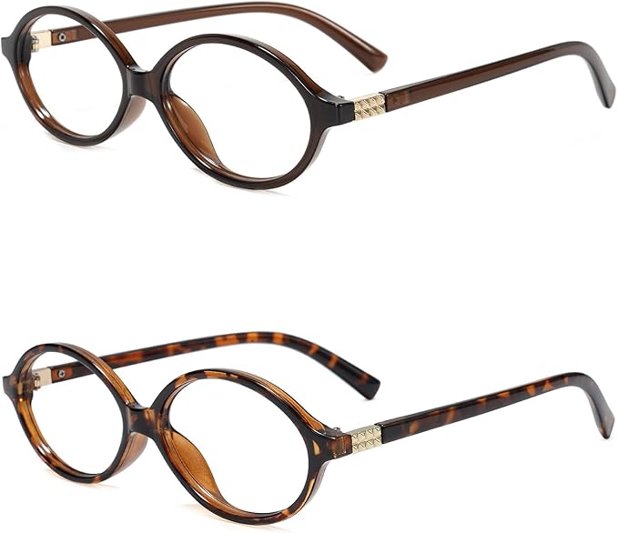 Slocyclub 2 pack Fashion Oval Glasses for Women Men Vintage Oval Small Frame Eyeglasses Retro Blue Light Blocking Glasses, Brown and Whiskey Tortoise