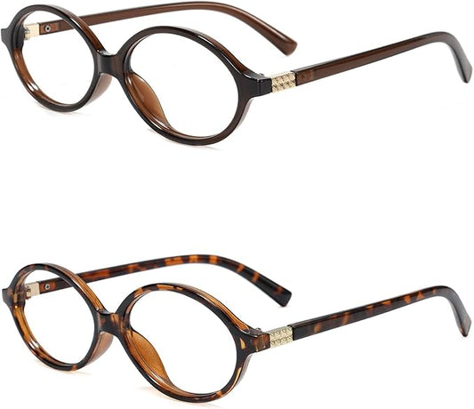 Slocyclub 2 pack Fashion Oval Glasses for Women Men Vintage Oval Small Frame Eyeglasses Retro Blue Light Blocking Glasses, Brown and Whiskey Tortoise