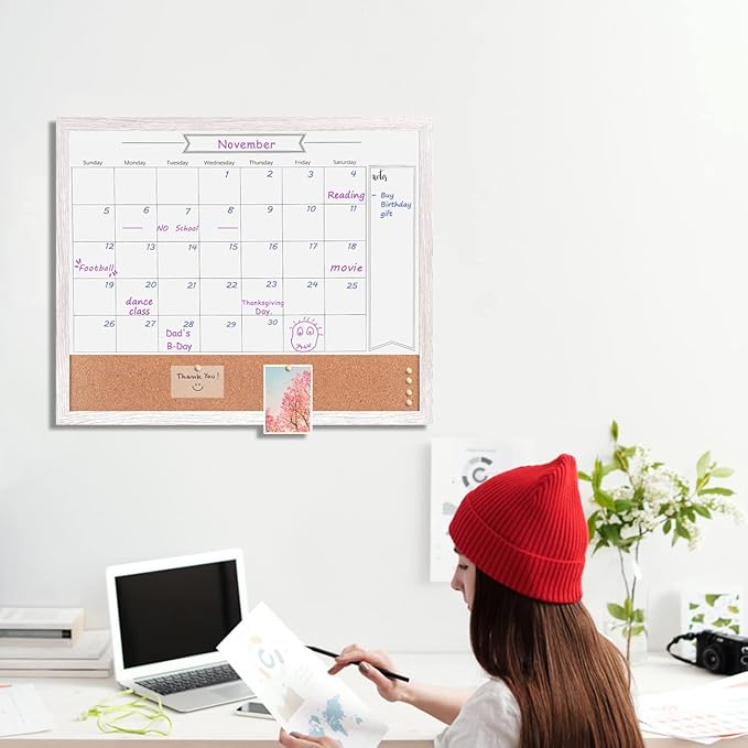 Dry Erase Calendar Whiteboard for Wall, Combination Magnetic Dry Erase White Board & Bulletin Board, 23.6" x 31.5" Wood Framed Calendar/Cork Combo Board (WH-6080)