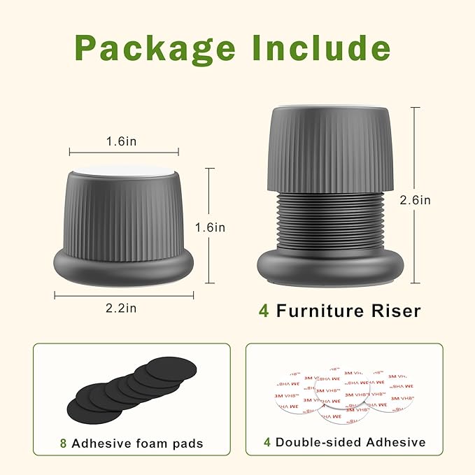 1.6-2.6 Inch Adjustable Bed Risers, Durable ABS & Anti Slip Bed Stoppers for Headboard, Suitable for Small Furniture Risers, Such As Table Risers, Chair Risers, Desk Leg Riser, Gray 4 Pack
