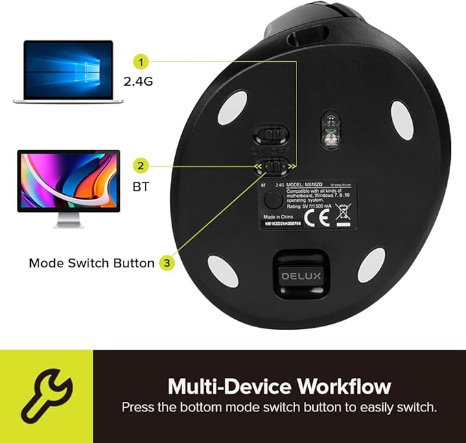 DELUX Left Handed Ergonomic Mouse, Mini Wireless Vertical Mouse, Silent Click Ergonomic Mouse, Up to 4000 DPI, 6 Buttons, Rechargeable, Bluetooth/2.4G/ Wired, Tri-Mode for Laptop/PC (M618ZD-Black)