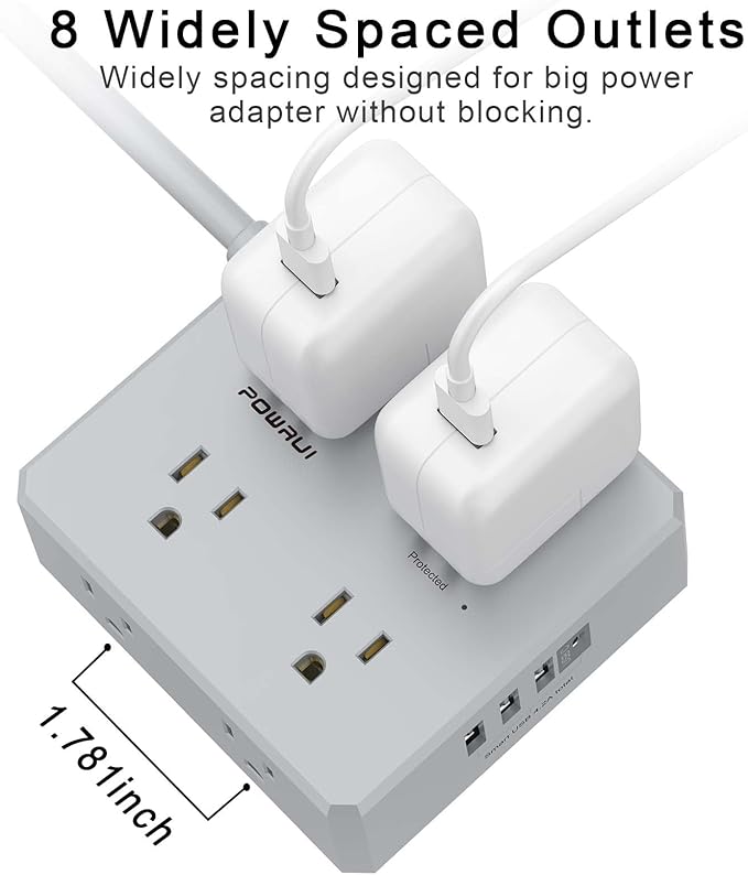 Surge Protector Power Strip - 10 Ft Flat Plug Extension Cord with 8 Widely Outlets and 4 USB Ports(1 USB C), 3 Side Outlet Extender for Home Office, Grey, ETL Listed