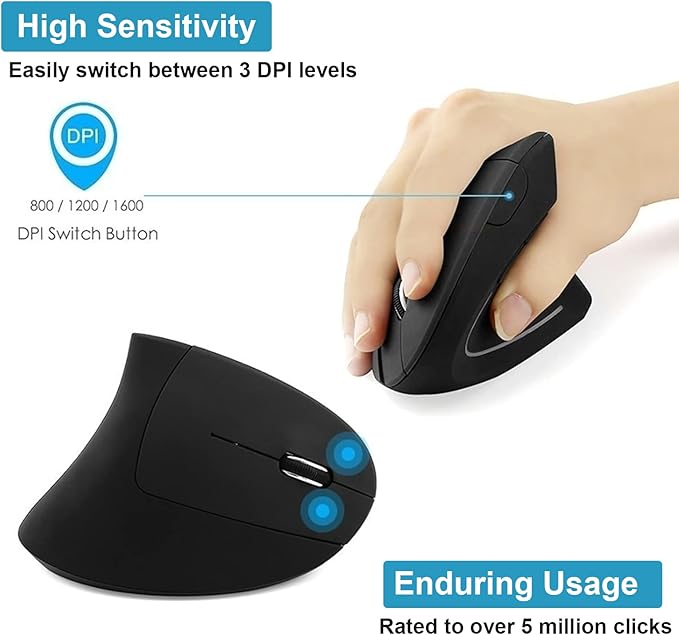 Vertical Mouse, 2.4G Wireless Ergonomic Optical Mouse 800/1200 /1600 DPI 6 Buttons Right Handed Gaming Mice for Laptop, Desktop, PC, MacBook (Black)