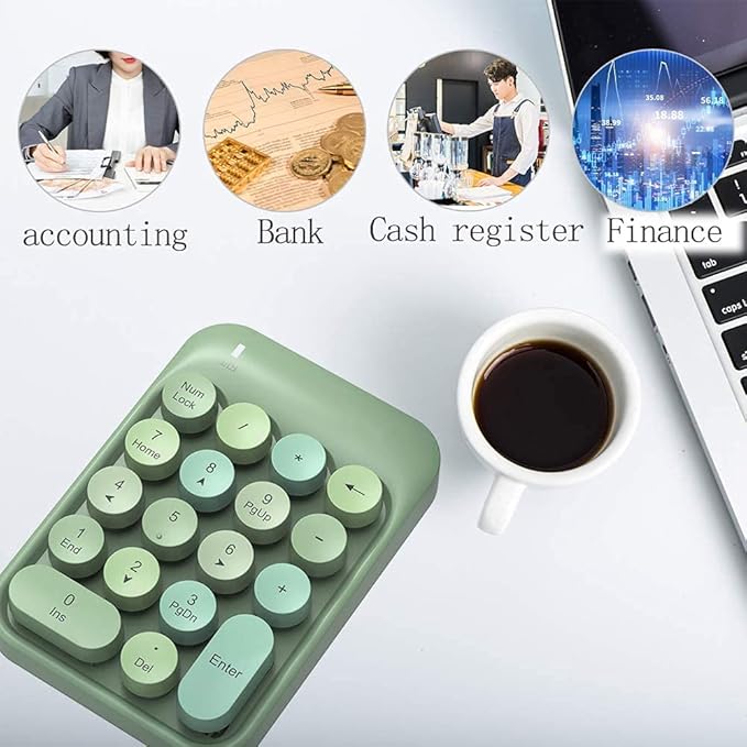 FELICON Wireless Numeric Keypad 18 Keys with 2.4G Mini Portable Silent Number Pad USB Receiver Financial Accounting Keyboard Extensions for Laptop Desktop PC Pro（Green Mix）