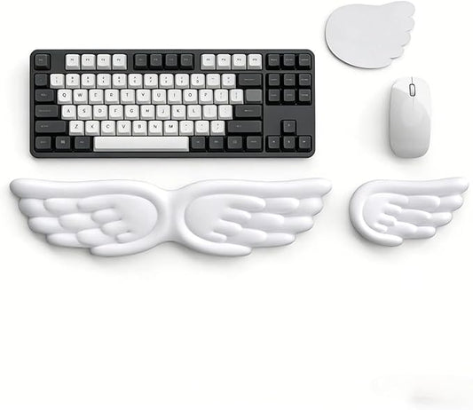 Angel Wing Wrist Rest Ergonomic Memory Foam Wrist Rest for Computer Keyboard Mouse Set with Cup Mat, Cute Gaming Keyboard Cushion Hand Support PU Leather Surface Anti-Slip Waterproof（White）