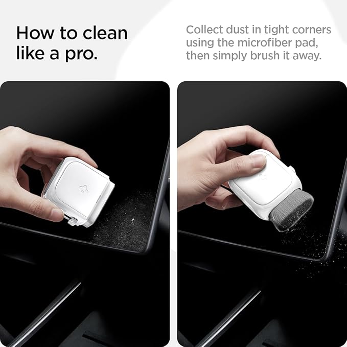 Spigen EZ Slide & Brush Screen Cleaner for Tesla Model Y 2025/26 (Juniper) & 3/Y/S/X/Cybertruck and Screens, Phones, Laptops, Tablets (Extra Microfiber Pad Included) [White]