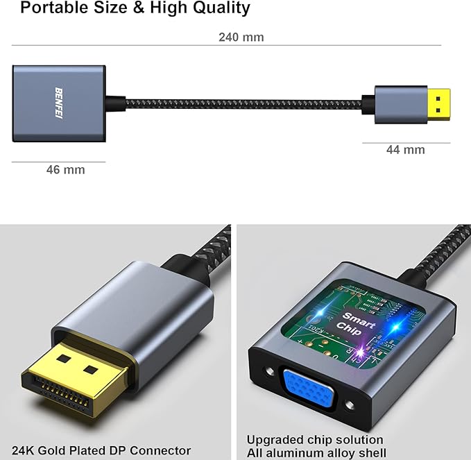 BENFEI DisplayPort to VGA Adapter, DisplayPort Input to VGA Output Adapter Compatible for Lenovo Dell HP and Other Brand[Gold-Plated Connectors, Aluminium Shell&Nylon Cable]