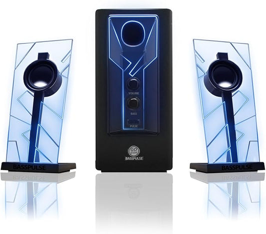 GOgroove BassPULSE 2.1 Computer Speakers with Blue LED Glow Lights and Powered Subwoofer - Gaming Speaker System for Music on Desktop, Laptop, PC with 40 Watts, Heavy Bass